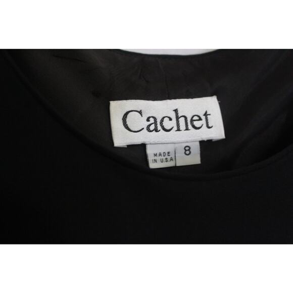 Vtg Black Cocktail Dress Sz 8 Long Sleeve Sheer Chiffon Flutter Hem CACHET USA - Picture 6 of 7